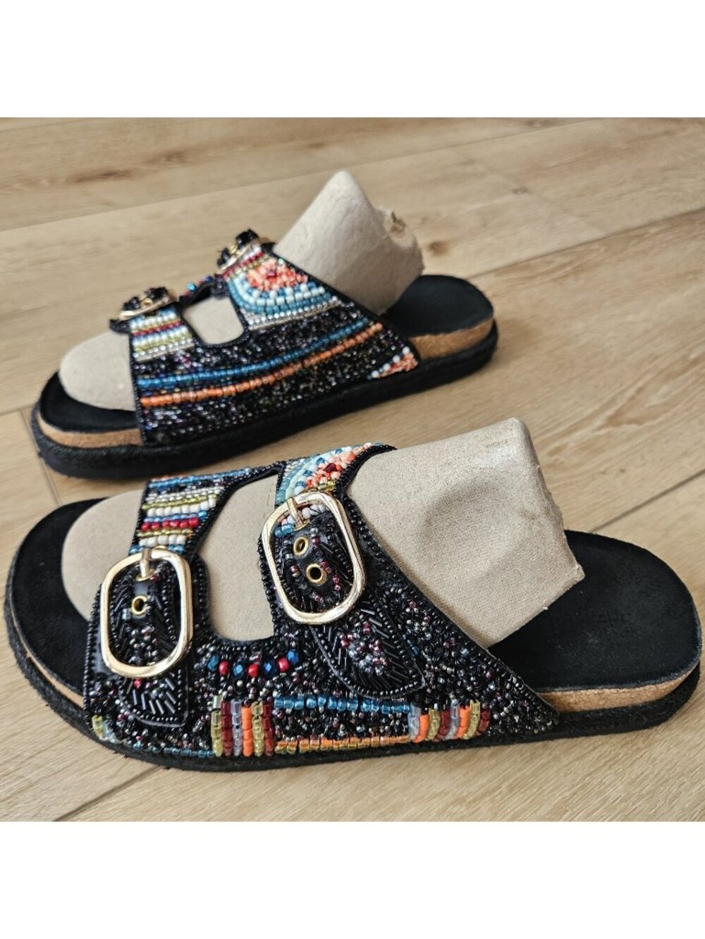 Beaded Sandals House of Harlow 1960 Slide Buckle Shoes Size 9 Black Multi Boho